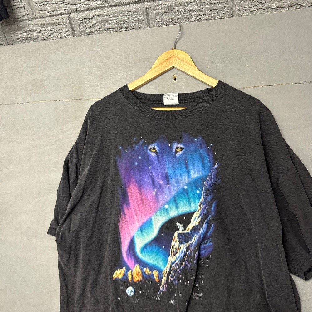 Schimel Wolf Aurora Borealis Graphic T Shirt Men Large Black Northern Lights Tee